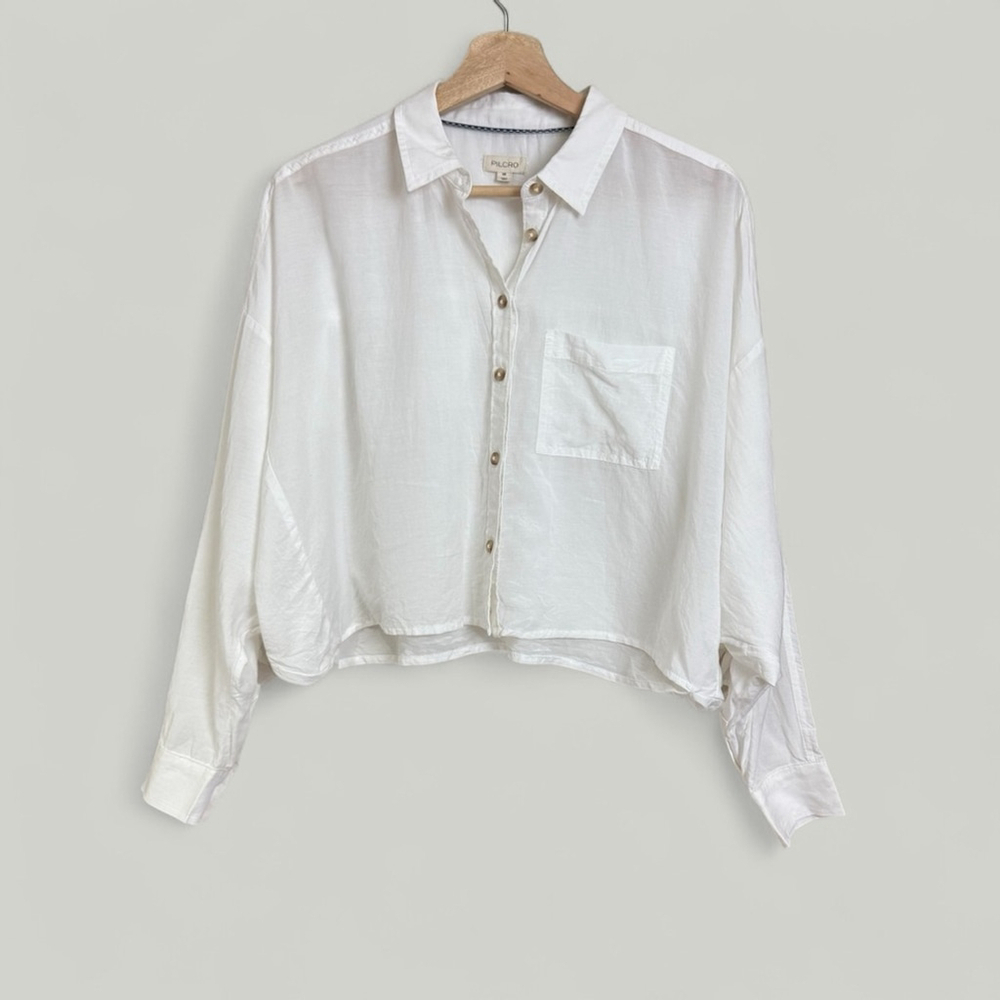 ANTHROPOLOGIE Pilcro Top Women Size XS White Oversized Cropped Ruffle Boho - Picture 5 of 13